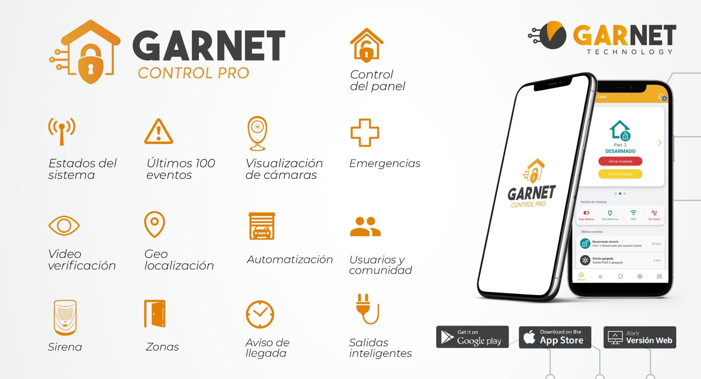 App Garnet Control Pro con sus funciones: estados del sistema, últimos 100 eventos, visualización de cámaras, emergencias, video verificación, geolocalización, automatización, usuarios, sirena, zonas, aviso de llegada y salidas inteligentes